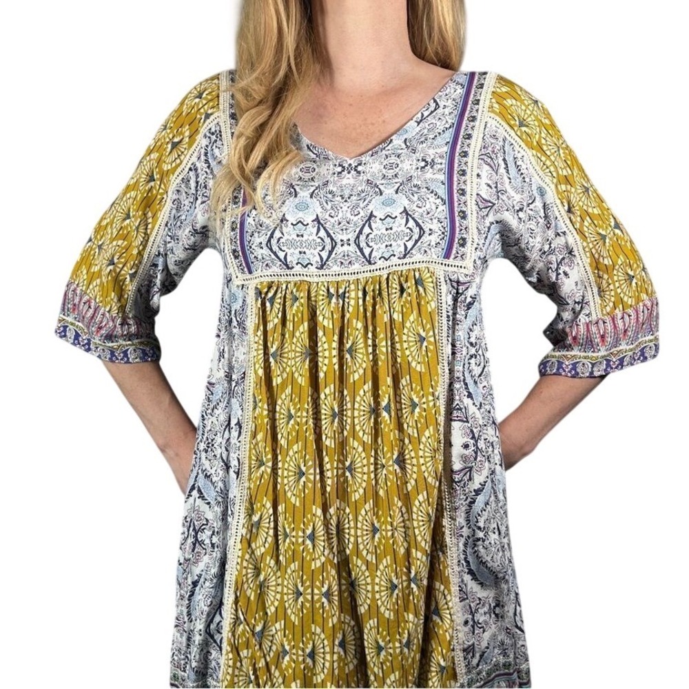 Sundance XS Tunic Purple Gold Flowy‎ Bohemian Print Square Neckline Comfortable